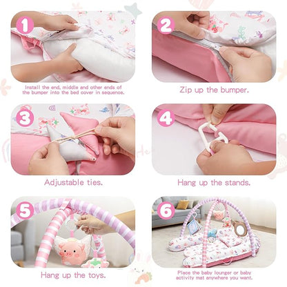 Pink Baby Play Mat, 7-in-1 Tummy Time Activity Gym Mat for Sensory and Motor Development, Washable Baby Lounger, Portable Newborn Nest for Home & Travel, Babies Gift for Infant 0-3-6-9-12-18 Months