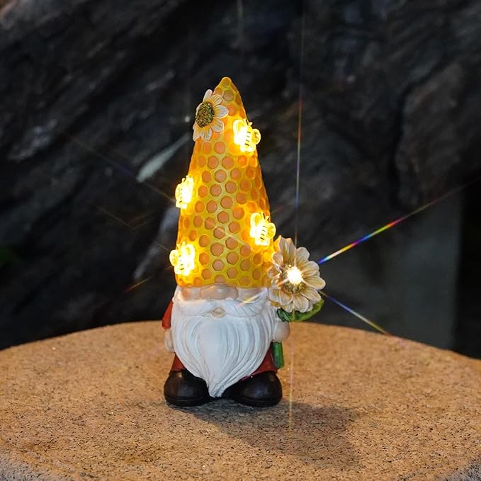 Garden Gnome Statue Solar Powered with Glowing Bees Sunflower Outdoor Funny Resin Figurine Decorations for Patio Yard Lawn Porch Housewarming Ornament Gift
