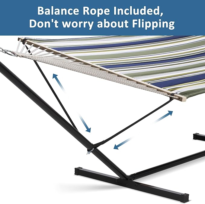 SUNCREAT Double Hammock, Extra Large Quilted Fabric Swing with Hardwood Spreader Bars & Detachable Pillow, Heavy Duty, Perfect for Indoor/Outdoor Patio, Deck, Yard, Blue&Aqua