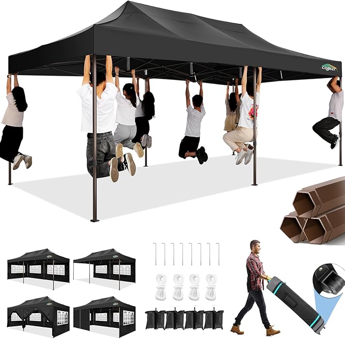COBIZI 10x20 Pop Up Canopy Heavy Duty with 6 Sidewalls, Commercial Heavy Duty Pop Up Tent for Parties All Weather Waterproof and UV 50+ Wedding Tent with Roller Bag(Legs Upgraded),Black