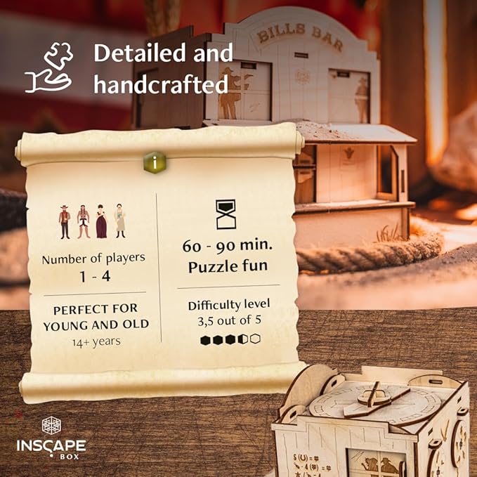 INSCAPE Wild West Riddles - Puzzle Box - Wooden Escape Room in A Box for Adults - Cluebox - Puzzle Boxes with Hidden Compartments - Birthday Gift Gadget for Men and Women