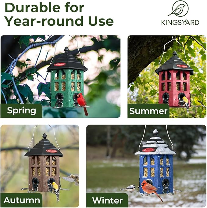 Kingsyard Wild Bird Feeder for Outdoor Hanging, Recycled Plastic Bird Feeders with 6 Ports & U-Shape Perch, Garden Yard Outside Decoration, 3.5 lbs Seed Capacity, Green