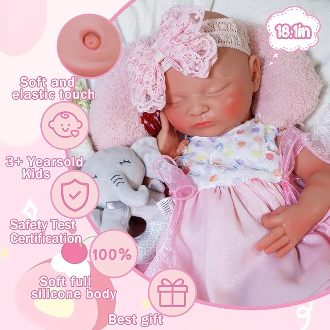 Girl 19 in, Full Silicone Baby Doll, Realistic Baby Dolls, Realistic Veins & Sleeping Pose, Not Vinyl, Reborn Baby Dolls Silicone Full Body, Gift Set
