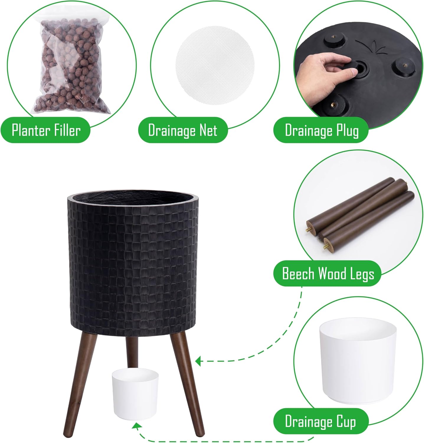 D'vine Dev 12 Inch Modern Geometric Tile Patterned Sleek Planter Pot with Stand, Indoor Outdoor Decorative Plant Holder, Distressed Black, 88-Z-C-5