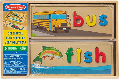 Melissa & Doug See & Spell Wooden Educational Toy with 8 Double-Sided Spelling Boards and 64 Letters Preschool Learning Activities, See & Spell Learning Toys for Kids Ages 4+