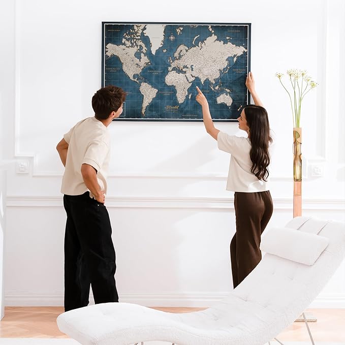 Canvas World Map with Cork Pin Board - English Lettering - Decorative Wall Decoration for All Rooms - Canvas Pictures with World Map Motif (70x50 cm, Pattern 19)