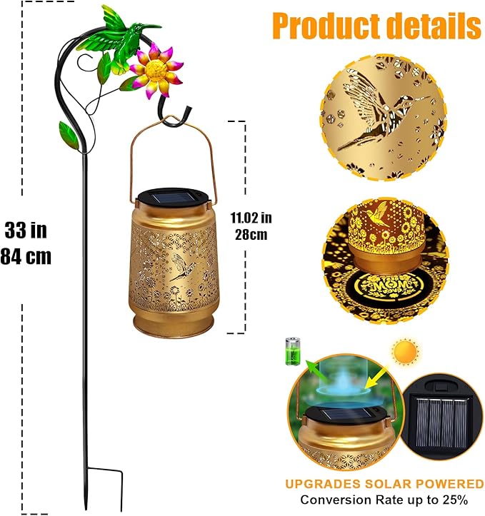 TEDOF Solar Lanterns Outdoor Waterproof Hummingbird Sunflower Lantern with Sheep Hook, Garden Decor Gifts for Mom Woman Grandma,Solar Lanterns Outdoor Decor for Garden, Yard, Backyard, Porch