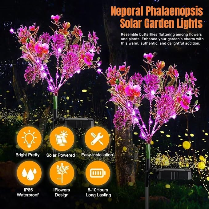 Neporal Garden Solar Lights Outdoor Waterproof IP65, 2PK Phalaenopsis Solar Flowers Solar Garden Lights Waterproof for Patio Decor, Yard Decor,Gardening Gifts for Women