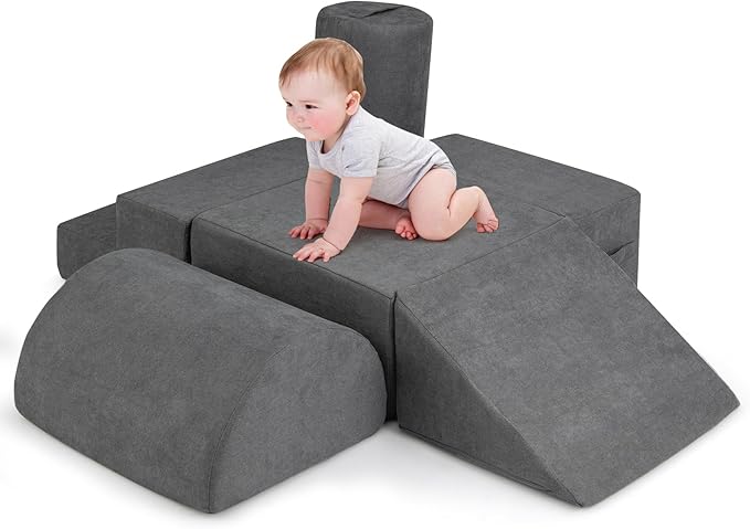 Costzon Toddler Climbing Toys Indoor, 6 Pieces Foam Climbing Blocks for Baby Inside with Skin-Friendly Chenille Fabric, 30D High-Density Foam & Carrying Handles, Soft Play Climbing for Toddlers (Gray)