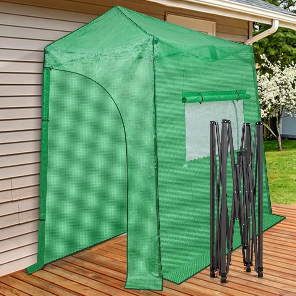 EAGLE PEAK 9x4 Lean to Portable Walk-in Greenhouse, Pop Up Indoor Outdoor Garden Green House, Zippered Doors and Window, PE Cover, Green