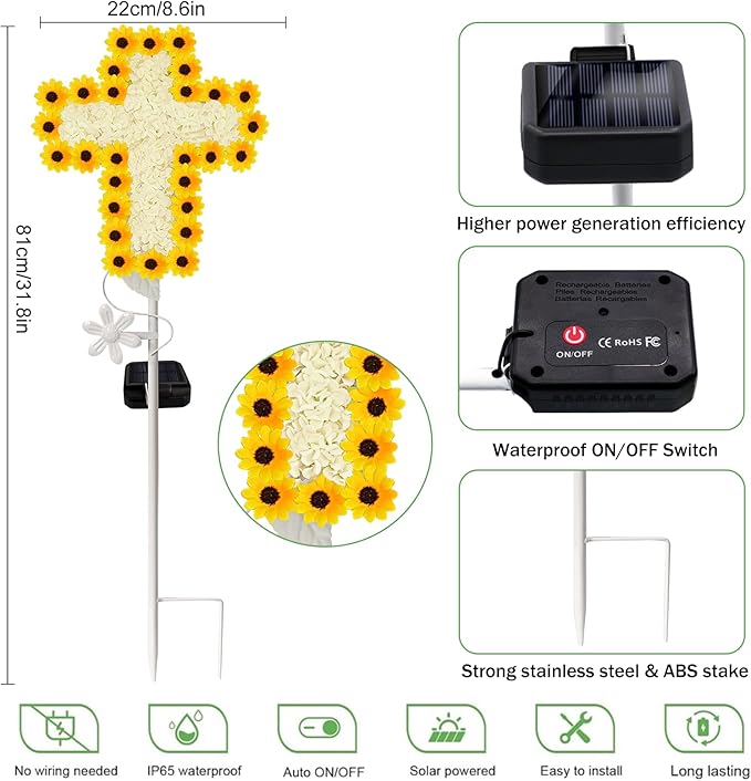 YJFWAL Solar Daisy Cross Garden Stake Lights, Yard Solar Lights Cemetery Decorations for Grave Outdoor Light Jesus Cross Sympathy Memorial Gifts for Grandmother, for Garden Yard Lawn Patio Pathway