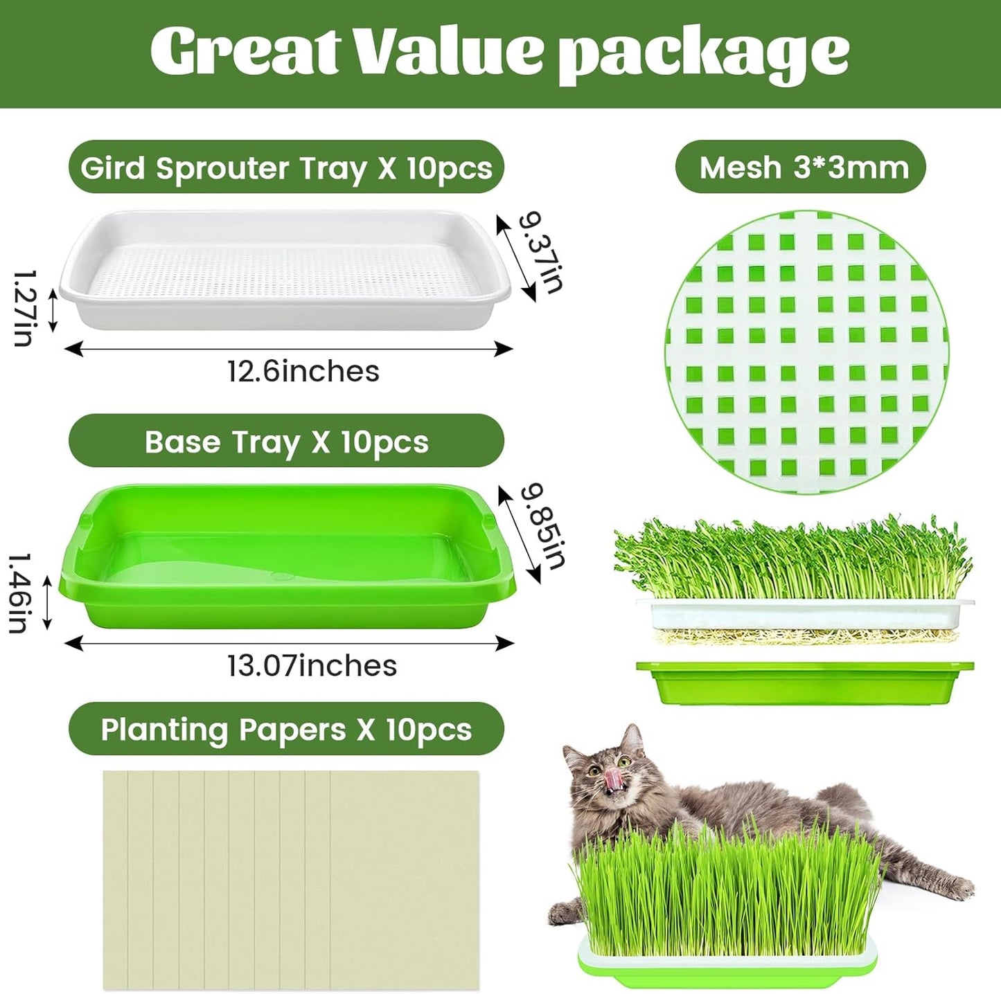 Legigo 10 Pack Green Seed Sprouter Trays- Soil-Free Cultivation Germination Tray, BPA Free Nursery Tray with Planting Paper for Indoors or Outdoors Sprouting Seeds, Grow Grass, Beans (Without Lids)