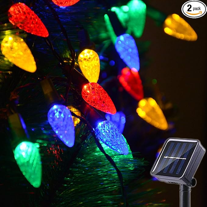 2 Pack Solar Christmas Lights Outdoor C6 Strawberry String Lights, LED Christmas Fairy Lights 50 LEDs Solar Operated Rechargeable Garden Lights for Christmas Tree, Holiday, Arbor Decor(Multicolor)