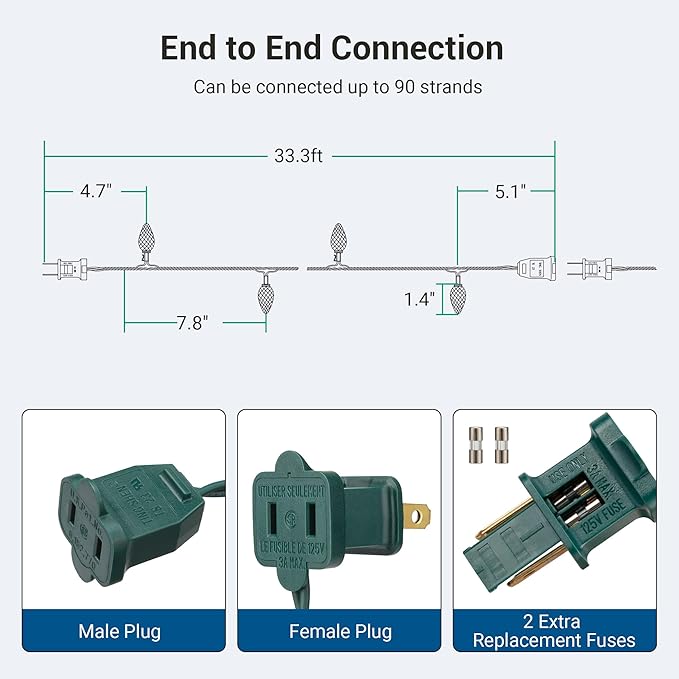DEWENWILS C7 Outdoor Christmas Lights - 33.3FT 50LED String Decorations for House, Tree, Patio, Garden, Yard - Green Wire, Turquoise, UL Listed