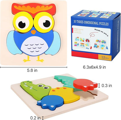 QZMTOY Toddler Puzzles 10 Pack Wooden Puzzles for Toddlers,Montessori Puzzles for 1-3 2-4 Year Old,Infant Baby Learning Toys,Animal Vehicle Shape Jigsaw Puzzles Gift for Boys Girls-Large 3D Blocks…