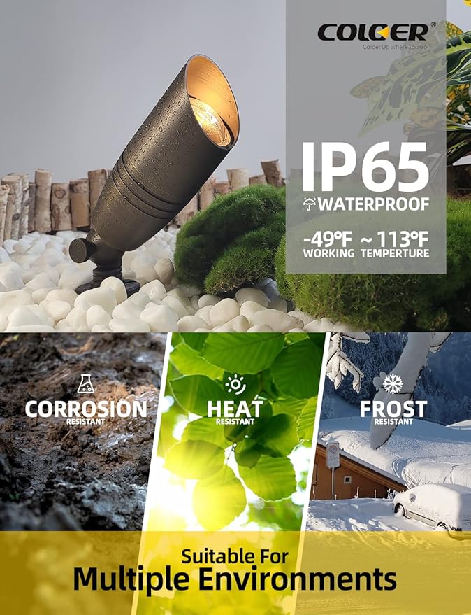 COLOER Brass Landscape Spotlights, 10 Pack Landscape Light Fixture with 5W Aluminum Housing MR16 LED Bulb 2700K 450LM,12V AC/DC Low Voltage Outdoor Spot Lighting, Uplight for Garden and Patio(102B)