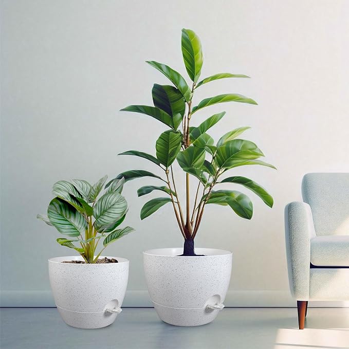 12/10/9 inch Large Self Watering Pots, Plant Pots with Mesh Drainage Holes for Indoor Outdoor Garden Plants, Flower Pots with Deep Reservoir, Set of 3 Plastic Planters, Specked White