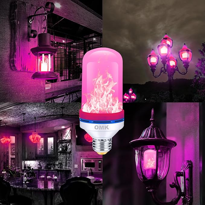 OMK 【Upgraded Pink Smaller LED Flame Light Bulbs - Flickering Light Bulbs with Gravity Sensing, E26 Base Fire Light Bulb, Indoor Outdoor Light Bulbs, Holiday Christmas Vintage Flame Bulb Decorations