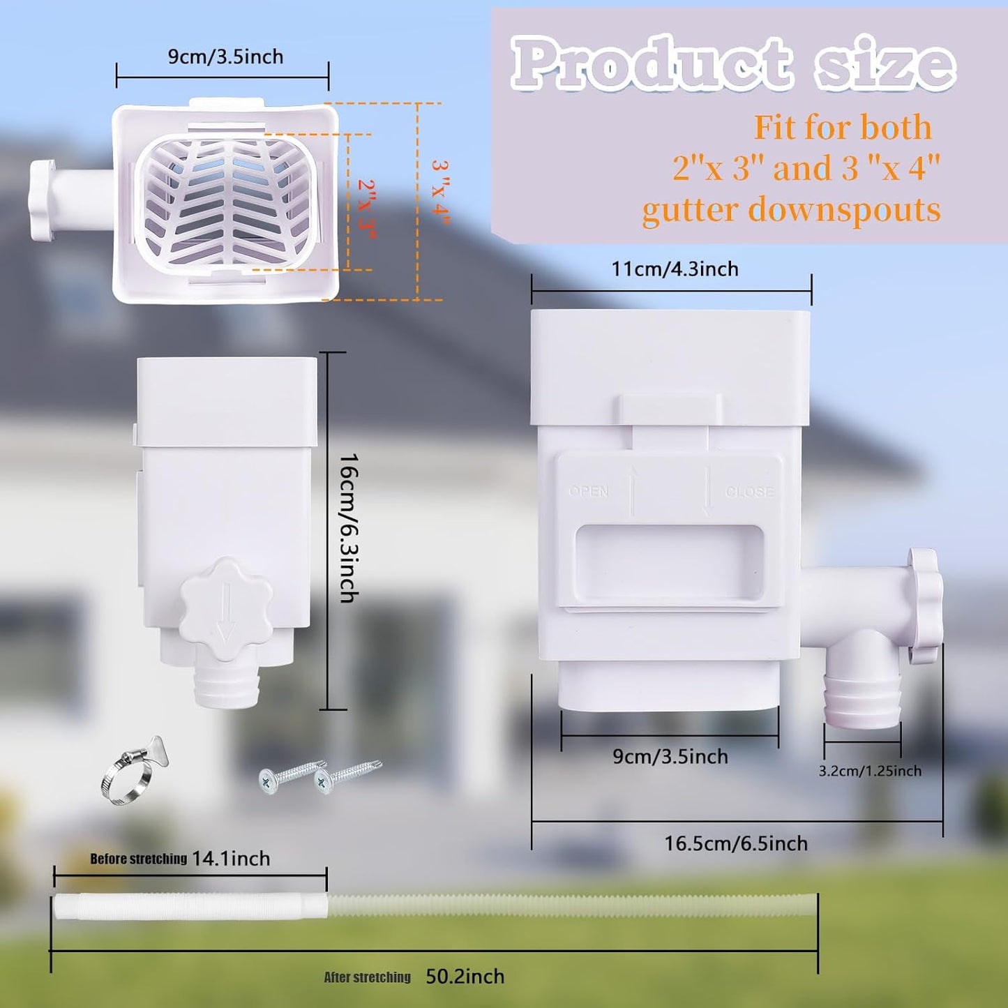 Rain Barrel Diverter Kit, Downspout Diverter Fits for 2"x 3" or 3"x 4" Standard Downspout, Rainwater Collection System with Adjustable Valve and Filter,5ft Hose(Brown)
