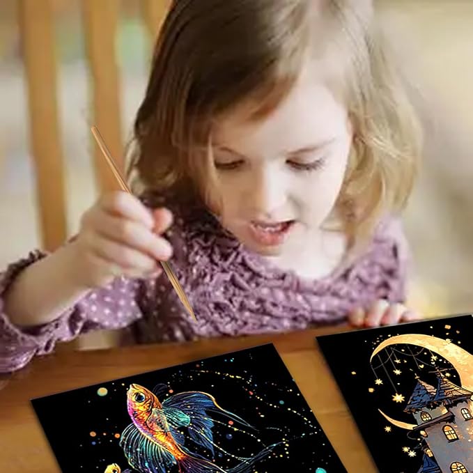 Georgie Porgy Scratch Paper Art Set for Kids Adults Magic Rainbow Scratchboards for DIY Arts and Crafts Kits Christmas Birthday Gift with Scratching Tools Kit (A5-Noctilucent Castle + Sea Animals)