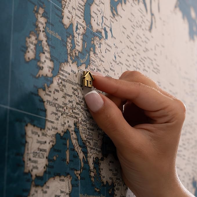 Canvas World Map with Cork Pin Board - English Lettering - Decorative Wall Decoration for All Rooms - Canvas Pictures with World Map Motif (150x100 cm, Pattern 19)