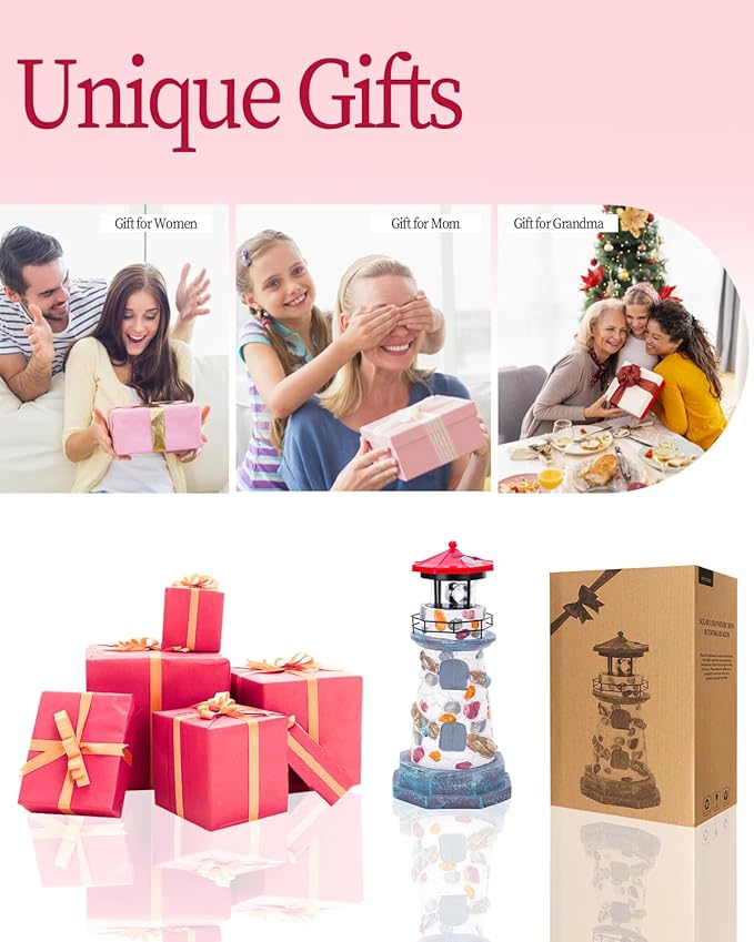 Solar Lighthouse with Rotating Beacon,11.4" Outdoor Garden Lighthouse Decor,Waterproof Statue Lighthouse Lamp for Yard Lawn Patio Gifts