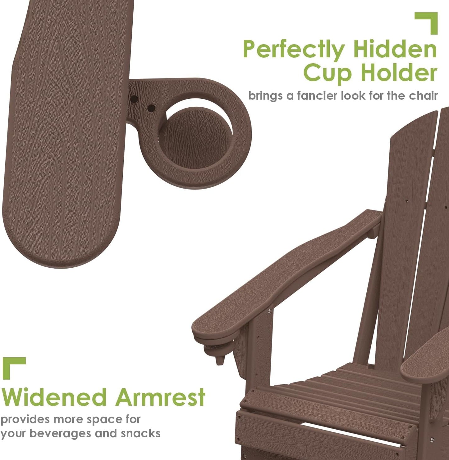 GREENVINES Folding-Adirondack-Chair-Set-of-2 | Wood Grain | HDPE Plastic | Fire Pit Chairs | All Weather | Cup Holder | Dark Brown | for Deck Backyard Patio Outdoor