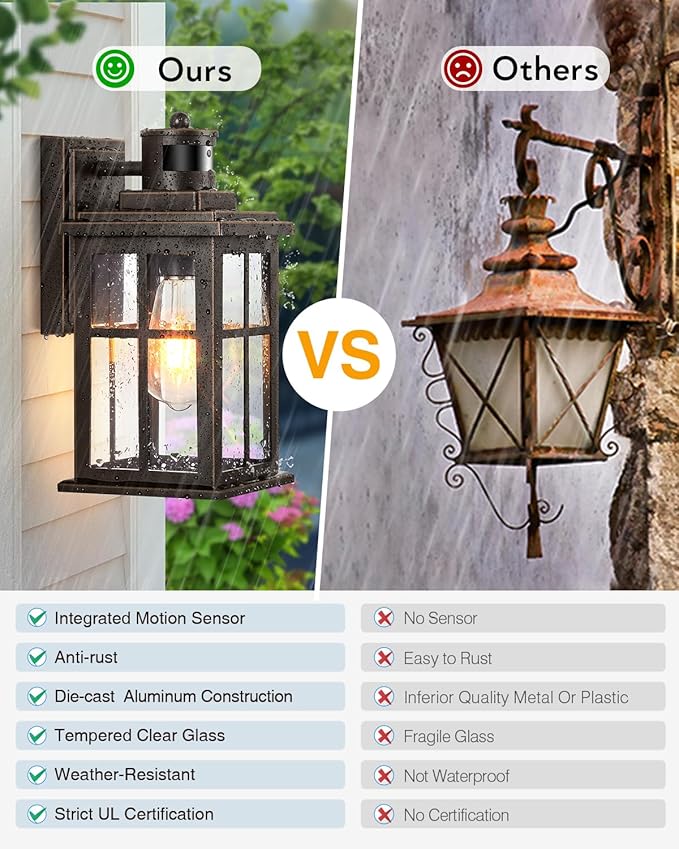 Distance-Adjustable Motion Sensor Outdoor Lights, Oil Rubbed Bronze Wall Mounting Porch Light, Waterproof Dusk to Dawn Exterior Lighting Fixtures Sconce, Anti-Rust Outdoor Lanterns for Porch