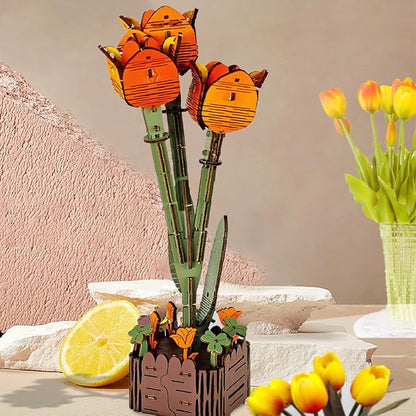 3D Wooden Puzzles for Kids DIY Wooden Flower Building Block Set Craft for Children Adults to Build Valentine's Day/Mother's Day/Teacher's Day/Birthday Gifts (Tulip)