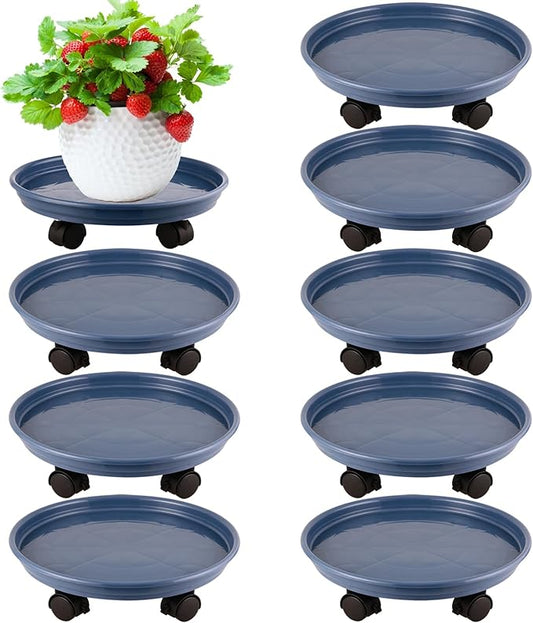 8 Packs Plastic Plant Caddy with Wheels 12" Plastic Rolling Plant Stands Heavy-Duty Plant Dolly with Casters Indoor and Outdoor Plant Roller Base Wheels, Blue