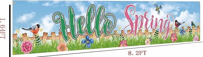 Hello Spring Large Banner Birds with Flowers Banner,Welcome Home Outdoor Flag Sign Decorations Holiday Party Polyester Outdoor Decor with Brass Grommets 8.2x1.64 Ft