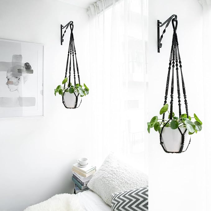 Mkono Macrame Plant Hanger Indoor Hanging Planter Basket with Wood Beads Decorative Flower Pot Holder No Tassels for Indoor Outdoor Boho Home Decor 35 Inch, Black, Set of 3 (POTS NOT Included)