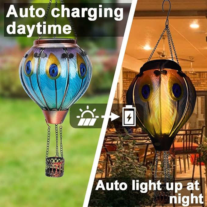 2PC Hot Air Balloon Solar Lantern with 2PC Shepherd Hook, Flickering Flame Hanging Solar Lanterns Outdoor Lights Waterproof Lanterns for Garden Patio Yard Party Decor (Peacock Feather Blue)