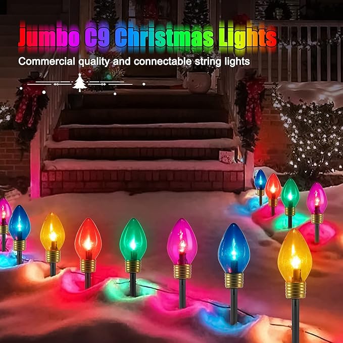 Minetom Jumbo Christmas Pathway Lights Outdoor with Marker Stakes, 10.5 Ft 5 LED C9 Shaped Christmas Lights Multicolored Giant Bulb String Lights, for Holiday Walkway Driveway Garden Yard Decoration
