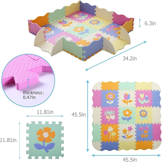Foam Play Mat for Kids，25Pcs Square Interlocking Puzzle Floor Mat，Baby Play Mat Floor Mat Foam Puzzle Playmat for Toddlers with Fence（Flower-CSH037