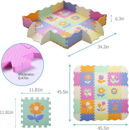 Foam Play Mat for Kids，25Pcs Square Interlocking Puzzle Floor Mat，Baby Play Mat Floor Mat Foam Puzzle Playmat for Toddlers with Fence（Flower-CSH037