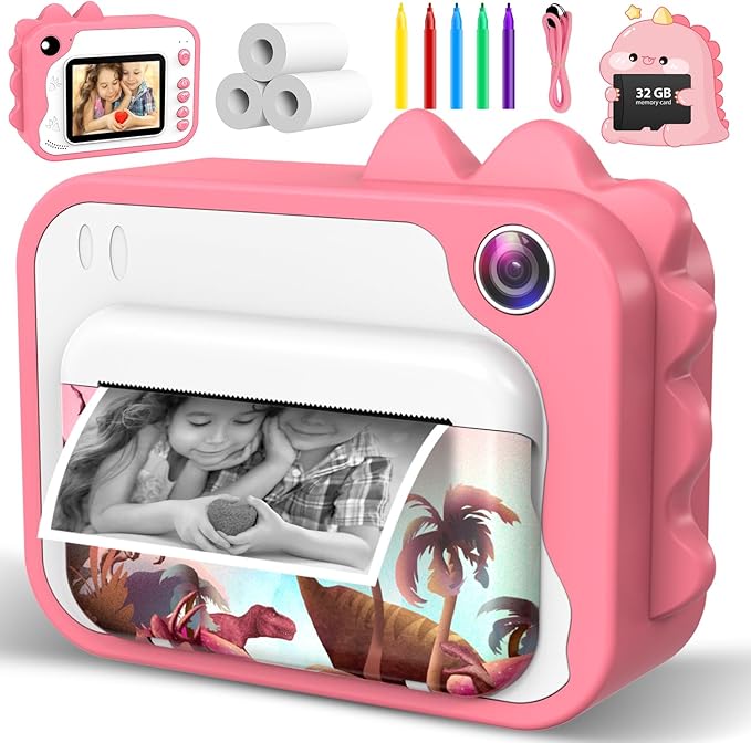 Kids Camera Instant Print, Dinosaur Instant Print Camera for Kids with 1080P Video, 32GB SD Card, 240 Photos, Christmas Birthday Gifts for Boys Girls Ages 3-12 (Pink)