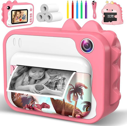 Kids Camera Instant Print, Dinosaur Instant Print Camera for Kids with 1080P Video, 32GB SD Card, 240 Photos, Christmas Birthday Gifts for Boys Girls Ages 3-12 (Pink)