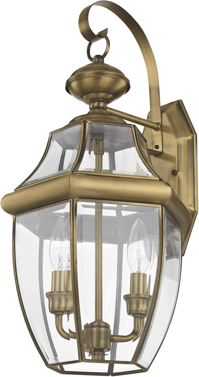 Livex Lighting 2251-01 Monterey 2 Light Outdoor Antique Brass Finish Solid Brass Wall Lantern with Clear Beveled Glass