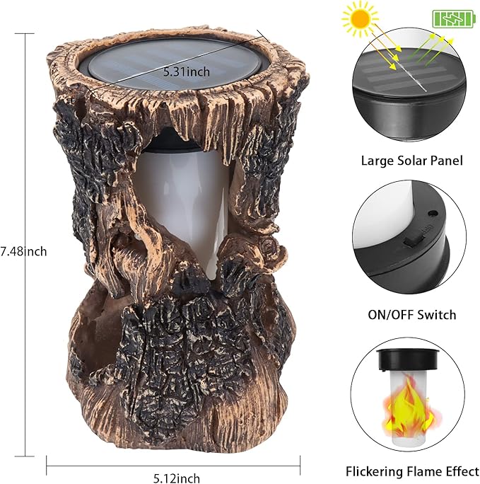 pearlstar Solar Lanterns Outdoor Tree Stump Fire Flame Light Halloween Decorative Solar Powered Lantern Waterproof Decor for Patio Garden Yard Pathway Lawn Deck,1PACK