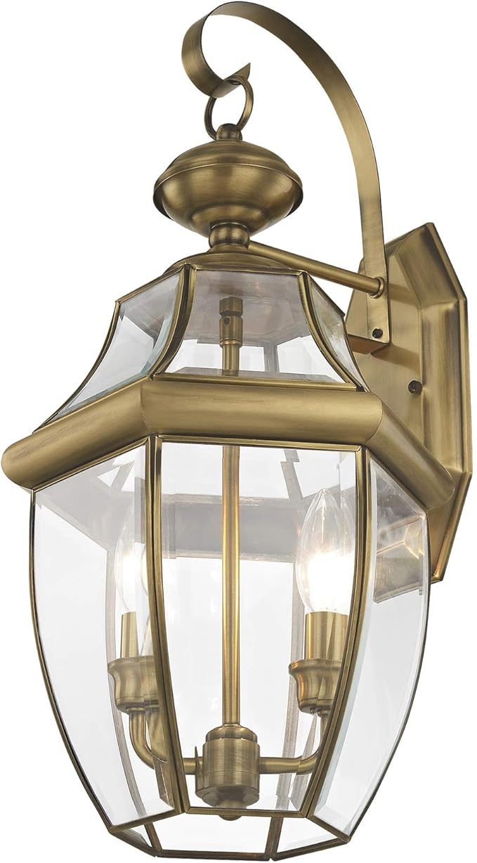Livex Lighting 2251-01 Monterey 2 Light Outdoor Antique Brass Finish Solid Brass Wall Lantern with Clear Beveled Glass