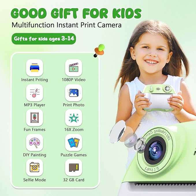 Kids Camera Instant Print 1080P Front Rear Dual Selfie - Toddler Cameras with Digital Video Games,32GB & 5-Color Print Paper/ 250 Photos,Easy to Use & Great Toys Gifts for Boys Girls, Ages 3-12 Green