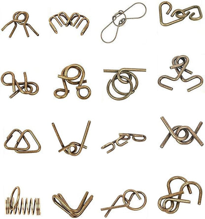 Ahyuan Metal Wire Puzzles Set of 16 Large Thick IQ Test Mind Games Toys Brain Teaser Puzzles Metal Wire Magic Trick Toy Metals IQ Puzzle Fidget Toys Party Favors for Kids Adults Challenge (Bronze)