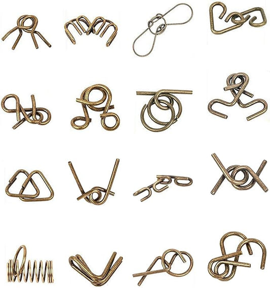 Ahyuan Metal Wire Puzzles Set of 16 Large Thick IQ Test Mind Games Toys Brain Teaser Puzzles Metal Wire Magic Trick Toy Metals IQ Puzzle Fidget Toys Party Favors for Kids Adults Challenge (Bronze)