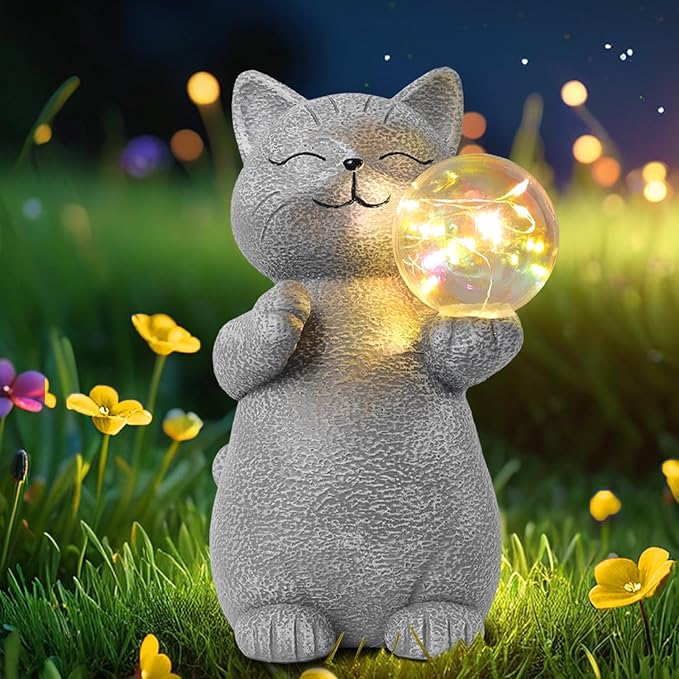 Cat Garden Statue with Solar Ball Light 7.3" Resin Cat Figurine Waterproof for Front Proch Patio Lawn Yard Balcony Decor Birthday Housewarming Gifts for Women Sister Girlfriend Grandma