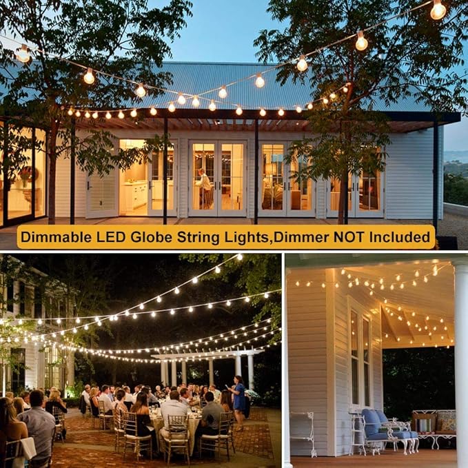 2-Pack 25Ft Outdoor LED String Lights with 50+4 Shatterproof LED Clear Plastic Globe Bulbs,Commercial Lighting for Patio Cafe Porch Bistro Party Wedding Christmas Indoor/Outdoor Decoration,White Wire