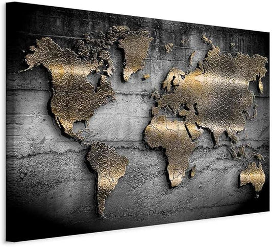 artgeist Canvas Wall Art Print World map 24x16 in - 1pcs Home Decor Framed Stretched Picture Photo Painting Artwork Image Prints map Continents Modern Art Black Gold Abstract k-A-0498-b-a