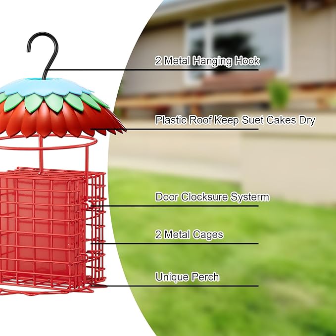 Suet Feeder Double with Weather Guard & Ant Moat, Skaithee Bird Feeders for Outdoors Hanging with 2 Holders Keep Cakes Clean & Fresh Attracts Wild Birds Great for Woodpecker & Clinging Birds, Red
