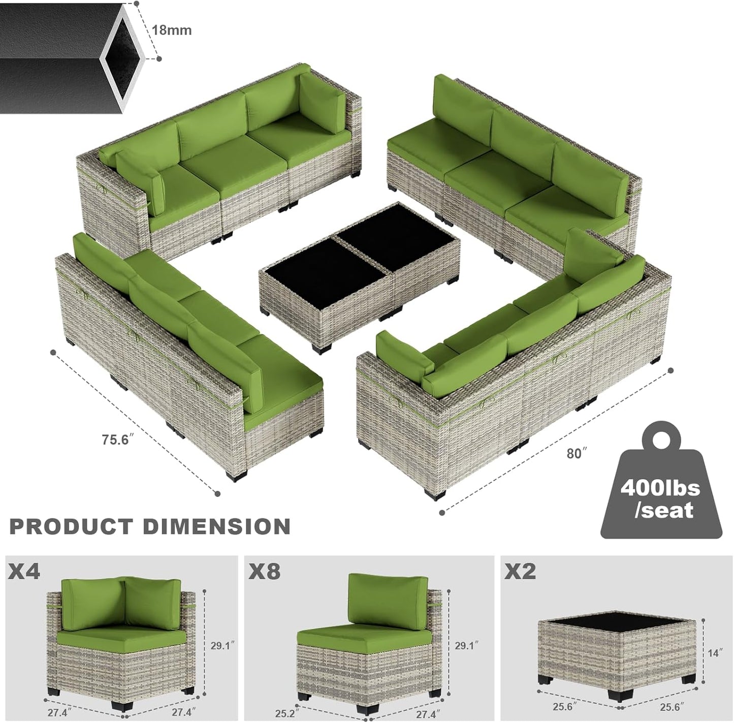 14-Piece Patio Furniture Set, Outdoor Sectional with Thick Cushions, Modular Patio Sofa, Dual-Strand Wicker Rattan, Rust-Resistant Frame, Backyard Furniture for Garden, Deck, Grass Green