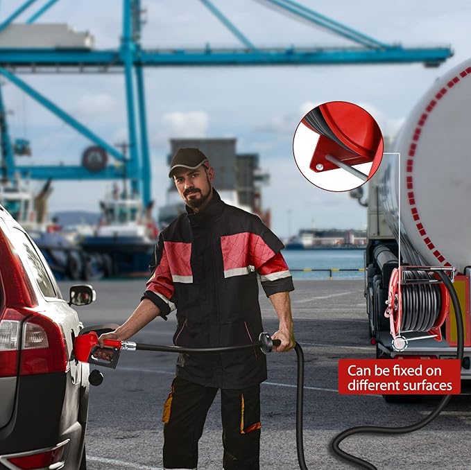 Fuel Hose Reel with Fueling Nozzle, 1" x 50FT Retractable Diesel Hose Reel, 300 PSI Industrial Heavy Duty Auto Swivel Rewind Hose Holder Reels, for Vehicle Tank Truck Trailer Ship